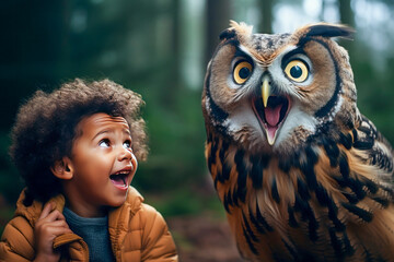 Child and an owl. Generative AI.