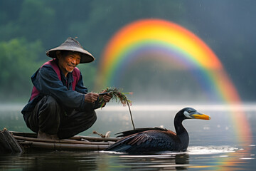 Man sitting in a lake shore with rainbow on background. Generative AI.