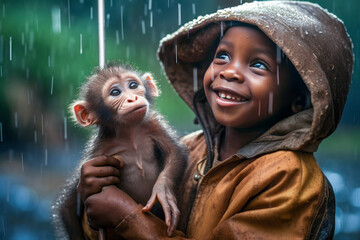 Happy child and a baby chimpanzee. Generative AI.