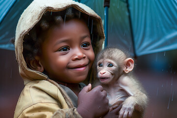 Happy child and a baby chimpanzee. Generative AI.