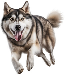 Running happy husky dog isolated on white background as transparent PNG