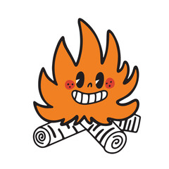 Hand drawn cute smiling bonfire in retro cartoon design, isolated vector illustration in outlined style