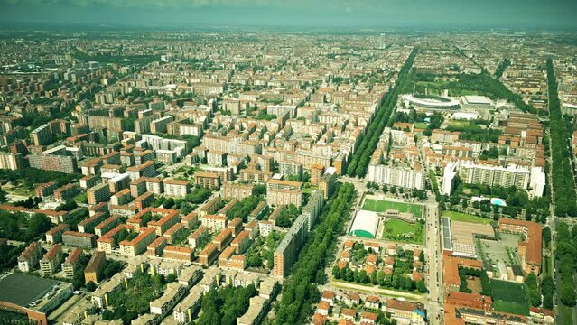 Cityscape of Turin, the capital city of Piedmont. Corso Giovanni Agnelli major street. Aerial drone view