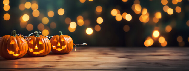 Halloween pumpkins on a blank empty wooden table top for product placement