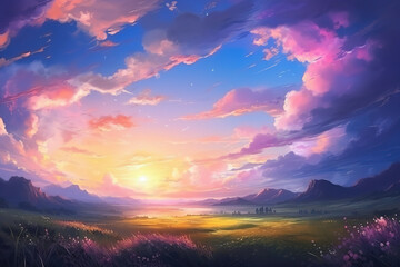 Beautiful Landscape Background Sky Clouds Sunset Landscape Light Colors Purple Anime style Magic and Colorful, generative ai 