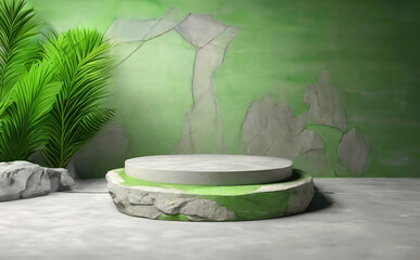 Natural stone and concrete podium in Moss Bricks background. Empty showcase for packaging product presentation. Background for cosmetic products, scene with green leaves. Mock up pedestal.
