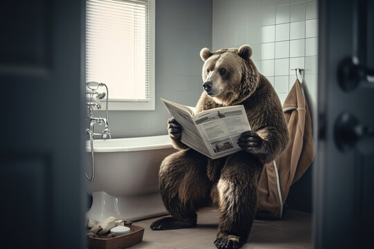 brown bear sitting on clear bathroom floor while reading a newspaper, generative ai 