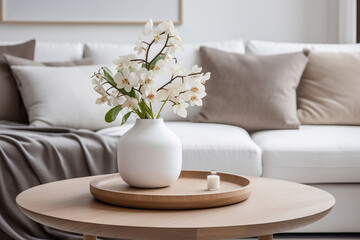 Flowers on wooden coffee table in fashionable living room interior with scandinavian design, generative ai 