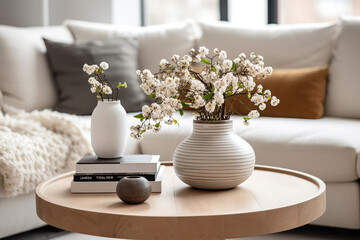 Fototapeta na wymiar Flowers on wooden coffee table in fashionable living room interior with scandinavian design, generative ai 
