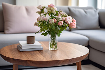 Flowers on wooden coffee table in fashionable living room interior with scandinavian design, generative ai 