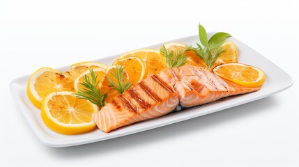 Naklejka na ściany i meble Grilled salmon with lemon on a plate isolated on white background