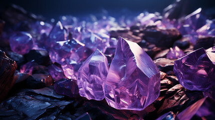 glowing quartz crystals in violet tones, generative ai