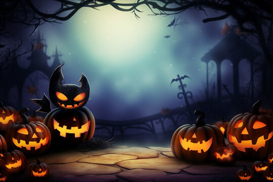 Halloween illustration for kids, cute colorful Halloween trick or treat background with carved pumpkin and cat in costume, and castle in the background in the twighlight. High quality photo