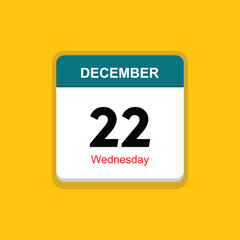 wednesday 22 december icon with yellow background, calender icon