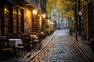 A charming outdoor café on a cobblestone street - Powered by Adobe