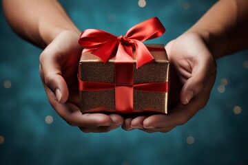 Partial View of Man's Hand Holding Gift Box with Red Ribbon. AI