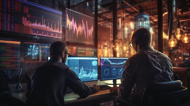 Traders or analysts designing and testing algorithmic trading strategies using AI algorithms and machine learning techniques, highlighting the complexity and precision involved