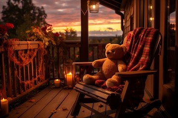 Teddy Bear Enjoying Beautiful Sunset from Rocking Chair on Front Porch. AI