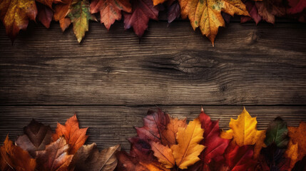 Naklejka na ściany i meble Colorful Fall Leaves on Wood Background - Generative AI