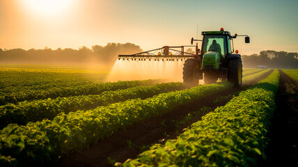 Fototapeta premium tractor with a yer spray agricultural yer spray yer in the field. Generative AI illustrator