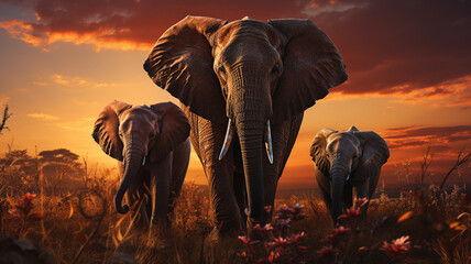african elephant at sunset.generative ai