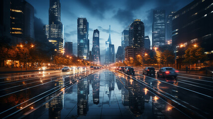 Fototapeta na wymiar traffic in the city at dusk.generative ai