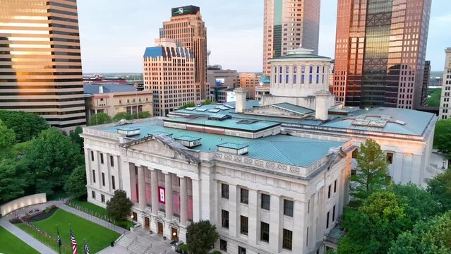 Ohio state house aerial video from roof to entrance shot at sunrise