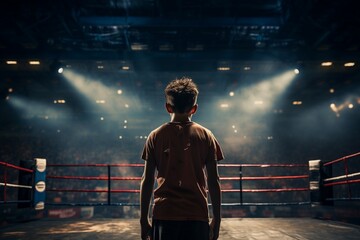 Young Boxer Standing in the Ring - View from the Back. AI