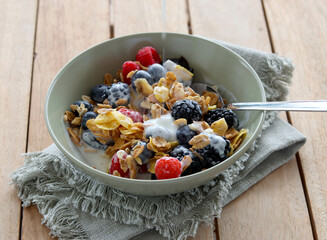 Yogurt pouring over  muesli