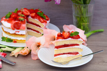 Strawberry layered cake, sliced