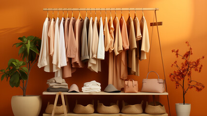 Obraz na płótnie Canvas rack with modern clothes and accessories near color wall.generative ai