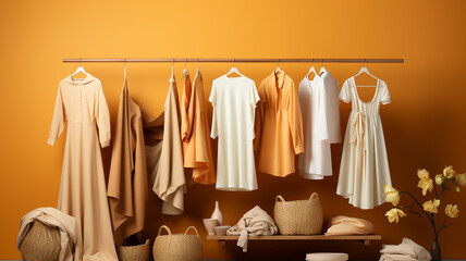 rack with modern clothes and accessories near color wall.generative ai