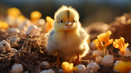 a closeup shot of a cute chick sitting on a grass.generative ai