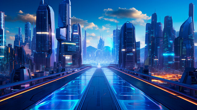futuristic city sci fi fi with blue and white futuristic space background with glowing neon lights and alien planet with reflection. Generative AI illustrator