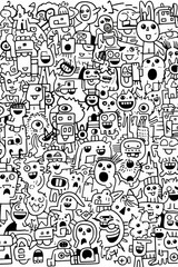 Illustration of coloring book doodle crowd cute alien monster Created with Generative AI technology.