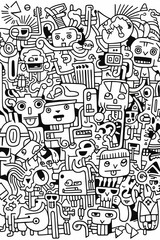 Illustration of coloring book doodle crowd cute alien monster Created with Generative AI technology.