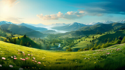 Fototapeta premium beautiful summer landscape in the mountains. Generative AI illustrator