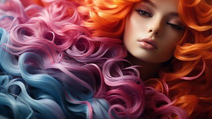 beautiful young woman with bright colorful hair in colorful wig and colorful curls. beauty portrait of a girl in the image taken on the background. the.generative ai
