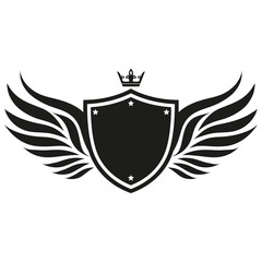 Shield logo illustration with wings and crown on a white background