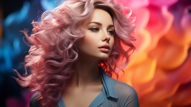 beautiful young woman with bright colorful hair in colorful wig and colorful curls. beauty portrait of a girl in the image taken on the background. the.generative ai