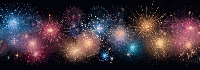 Fototapeta premium Sparkling fireworks on night sky background, colorful fireworks panorama textured splashes illustration poster for New Year, Independence Day or other celebrations Generative AI