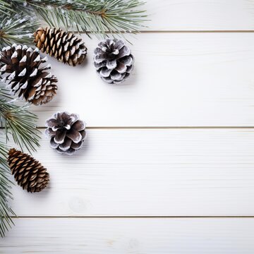 Pine branches with snow and pine cones on white wooden background top view with space for text greeting card banner minimalistic modern concept poster for holiday Christmas and New Year Generative AI