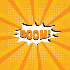Boom comic speech bubble with cloud, rays and halftone effect comic background. Pop art vector cartoon illustration in retro style. Design for comic book, poster, banner 