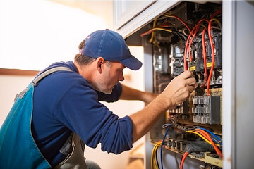 Expert electrician meticulously attending to a home heating system, exuding technical prowess in a cool-hued indoor setting. Generative AI