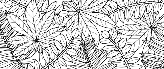 Fototapeta premium Black and white botanical background with branches and leaves. Botanical background for decor, wallpapers, covers, cards and presentations