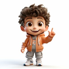 A Little boy character standing hands on full-body with orange tshirt and smile expression