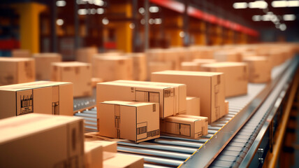 Cardboard boxes go on rails in a warehouse. Generative AI illustrator