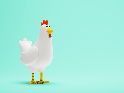 Cartoon chicken standing on a blue background 3D illustration