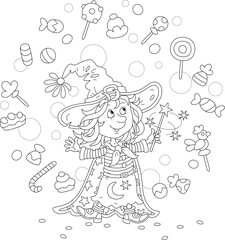 Happy little witch illusionist waving her magic wand and conjuring funny tricks with flying sweets, black and white outline vector cartoon illustration for a coloring book page