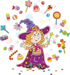 Happy little witch illusionist waving her magic wand and conjuring funny tricks with flying colorful sweets, vector cartoon illustration isolated on a white background